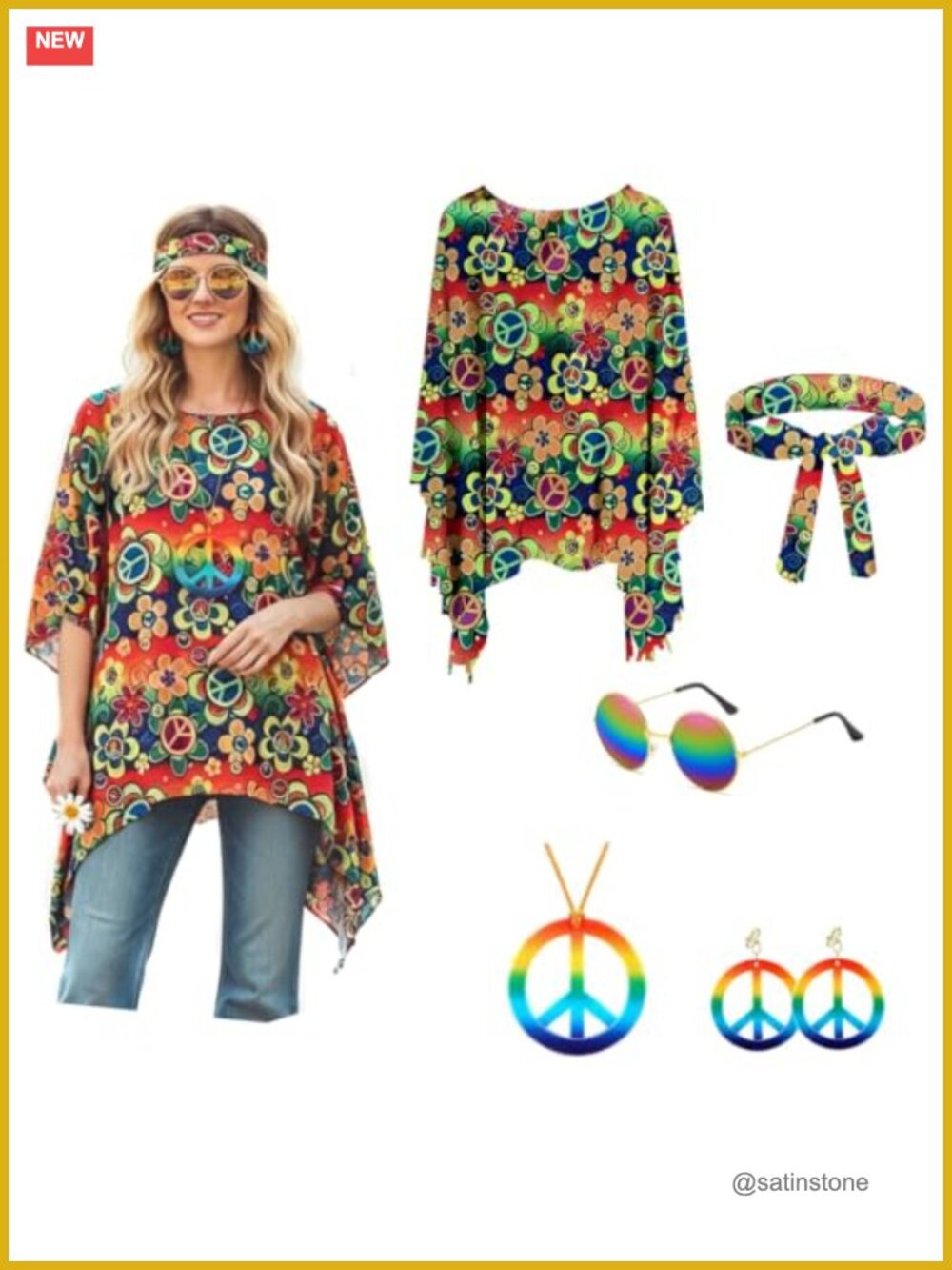 Hippie Poncho Costume Set 5pc 60s 70s Halloween Dress Up